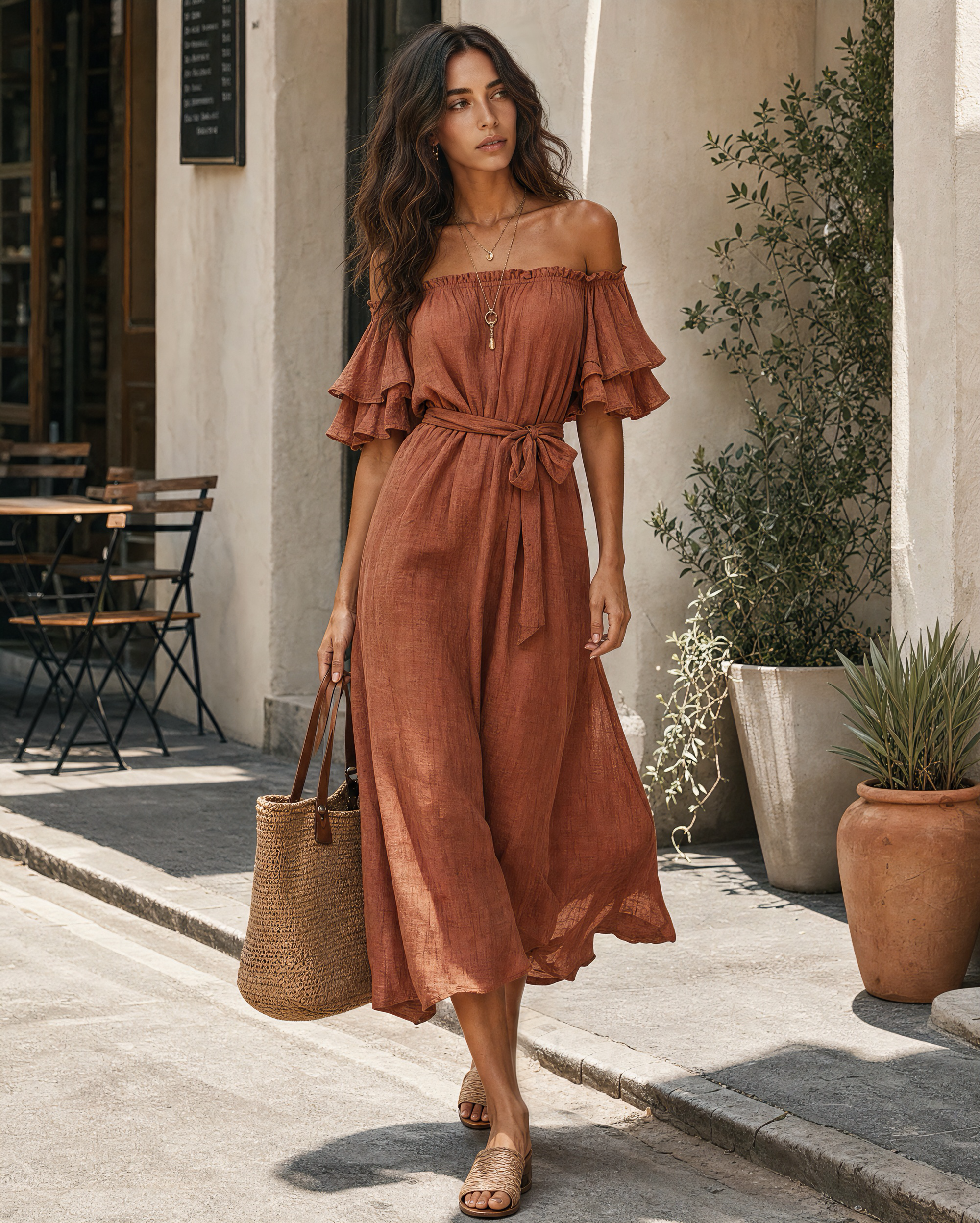 Boho Terracotta Off Shoulder Ruffle Midi Dress Self Tie Waist Linen Vacation Dress MVA000600AA