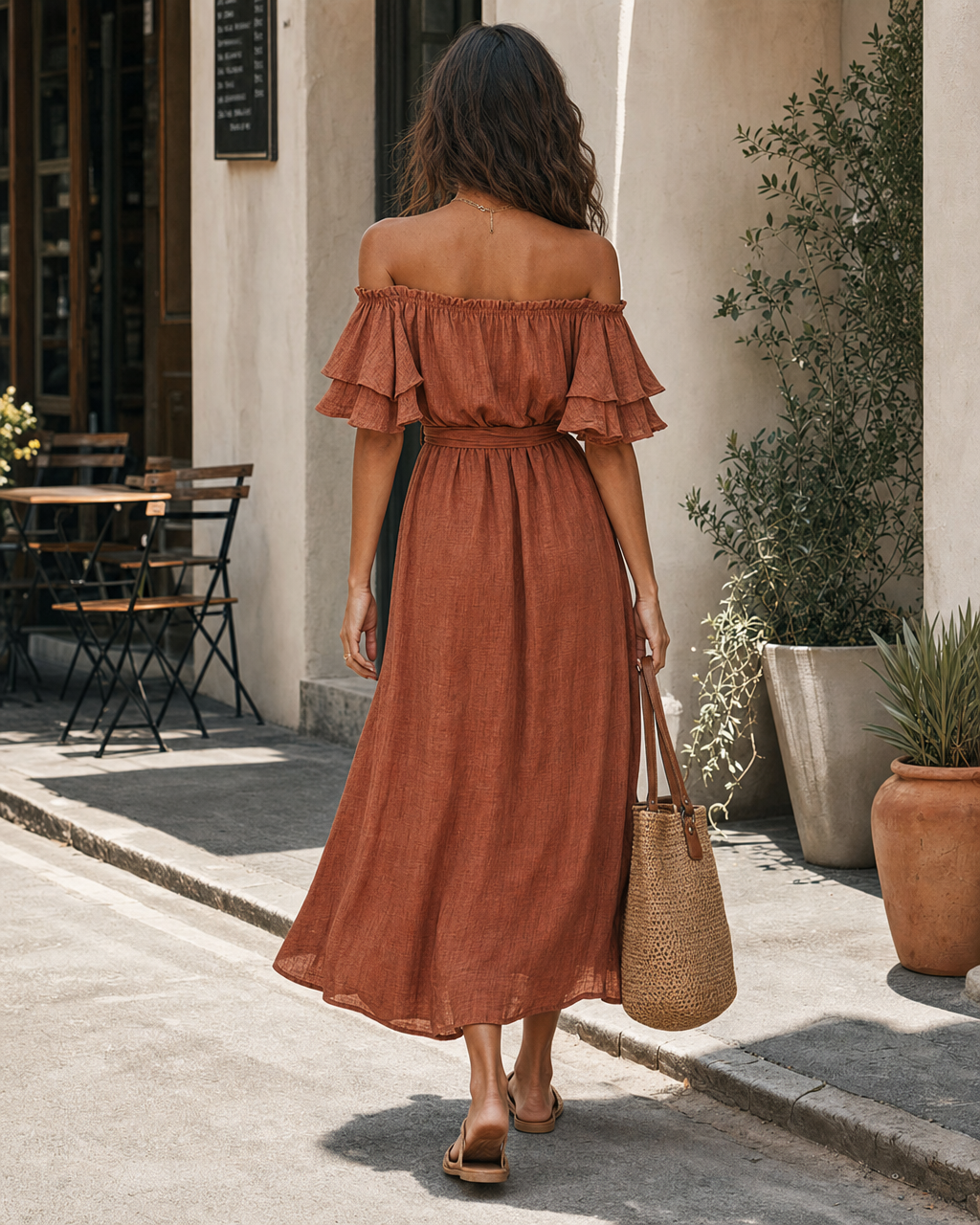 Bohemian Rust Linen-blend A-line Off-shoulder Ruffle Midi Dress MVA000600AA