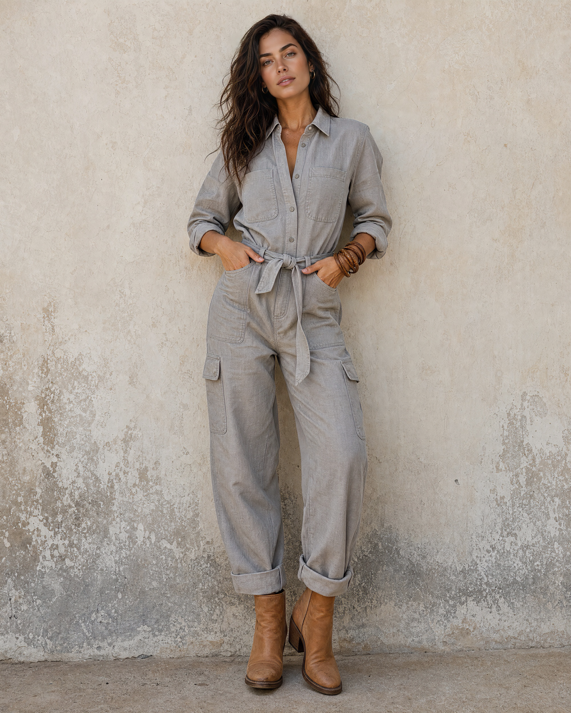 Boho Grey Linen Cargo Jumpsuit Collar Long Sleeve Self Tie Waist Utility Romper MVA000610AA