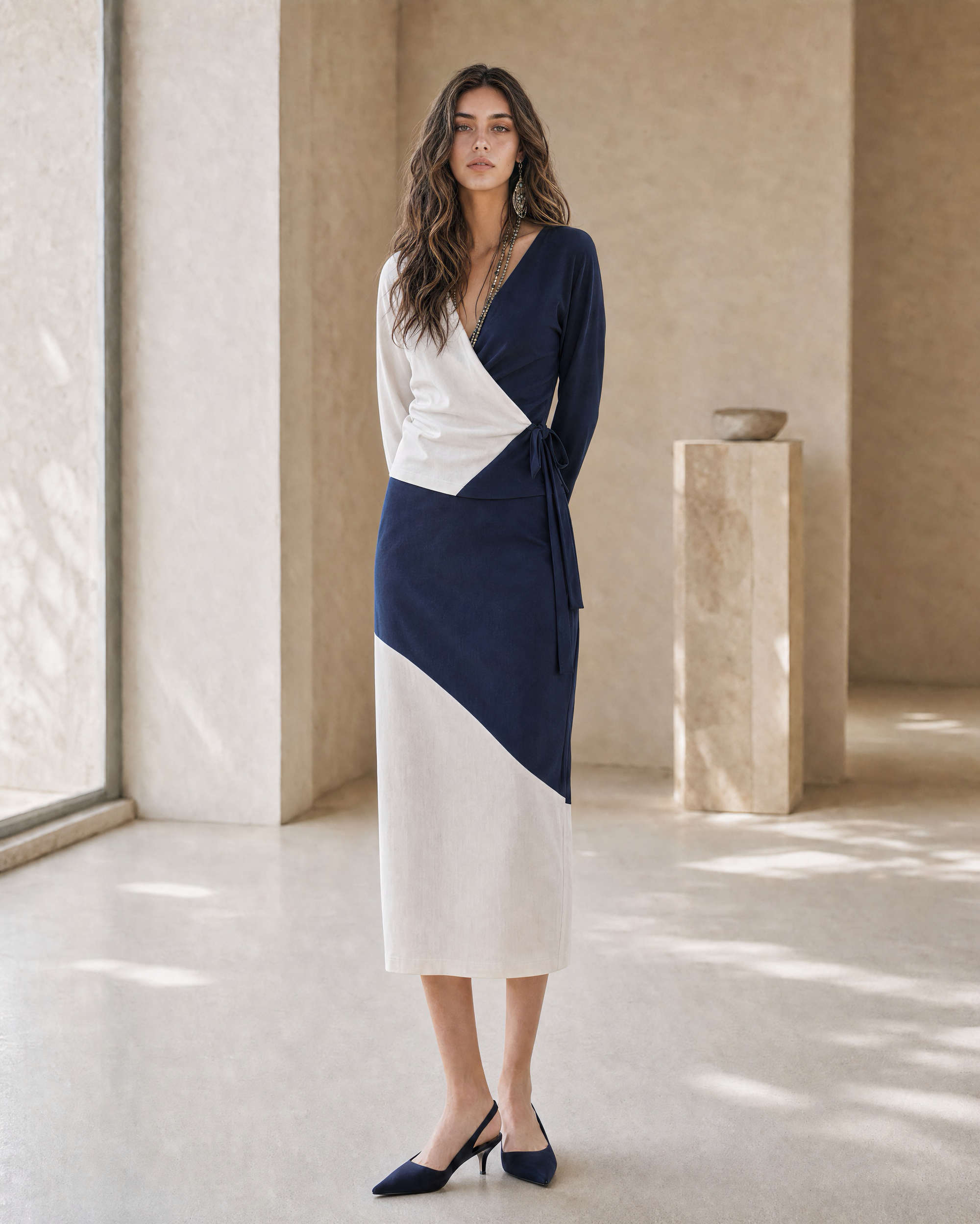 Color Block Wrap Midi Dress V Neck Long Sleeve Woven Casual Office Dress MVA000640AA