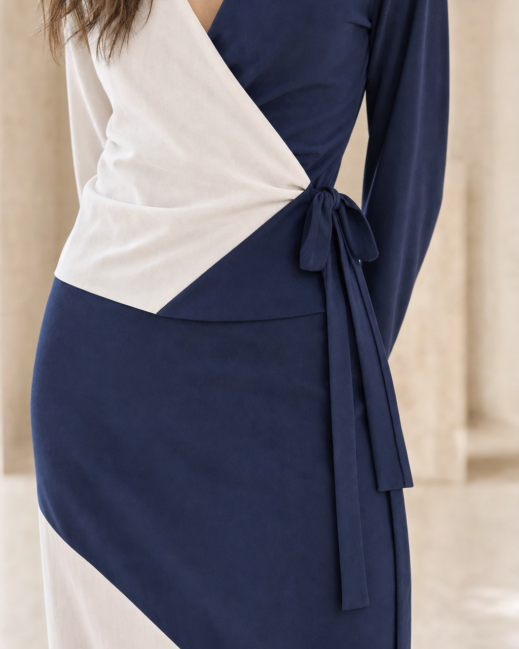 Color Block Wrap Midi Dress V Neck Long Sleeve Woven Casual Office Dress MVA000640AA