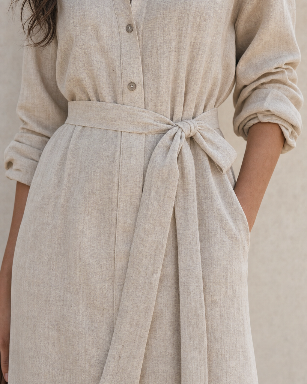 Boho Oat Linen Shirt Midi Dress Collar Button Down Self Tie Waist Side Slit Vacation Dress MVA000650AA
