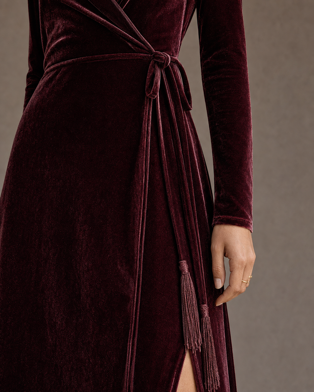 Elegant Burgundy Velvet V-neck Long-sleeve Wrap Midi Dress MVA000670AA