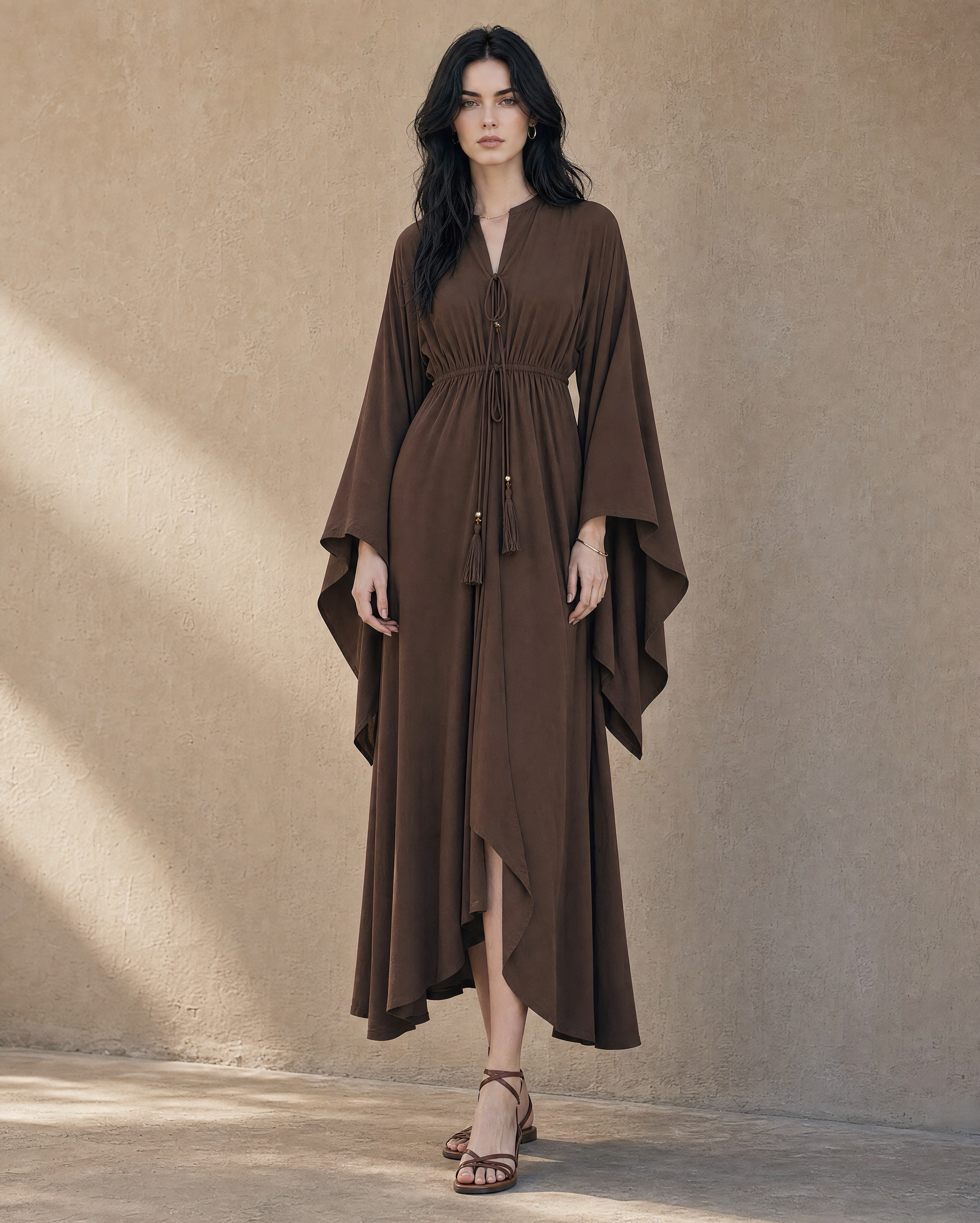 Chocolate Brown Flare Sleeve Tassel Drawstring Midi Kaftan Dress MVA000710AA