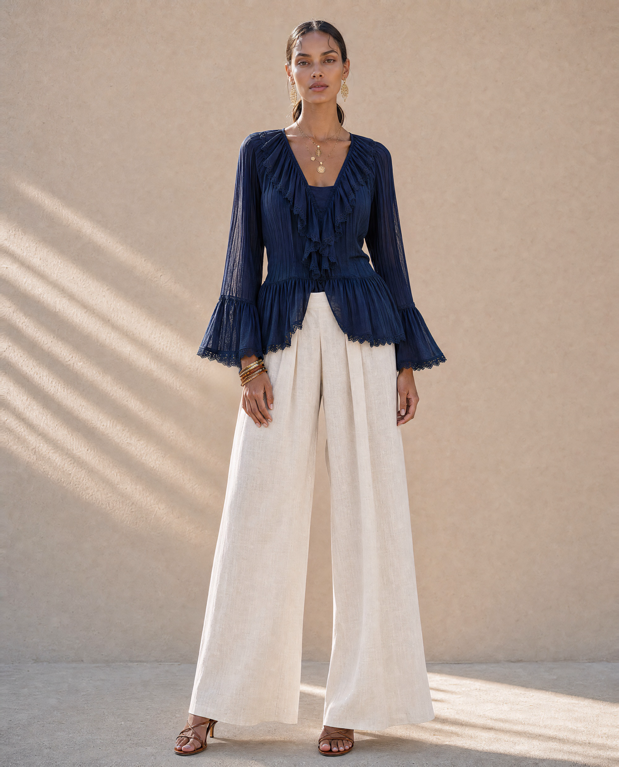 Boho Navy Ruffle Bell Sleeve Blouse Linen Wide Leg Pants Two Piece Matching Set MVA000770AA