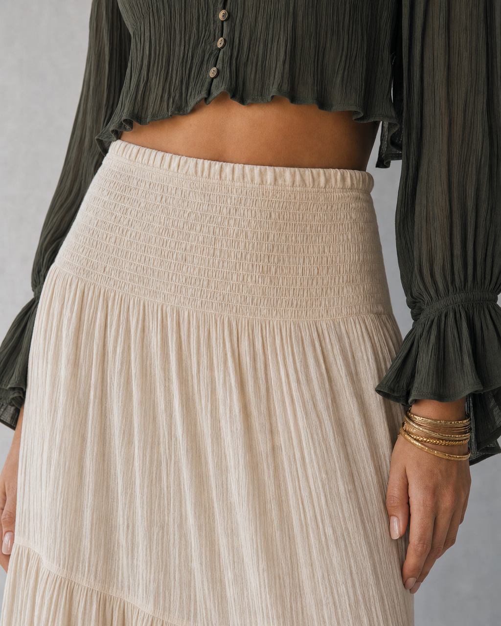 Casual Olive And Cream Crinkled Woven Ruffle V-neck Long-sleeve Two-piece Skirt Set MVA000810AA