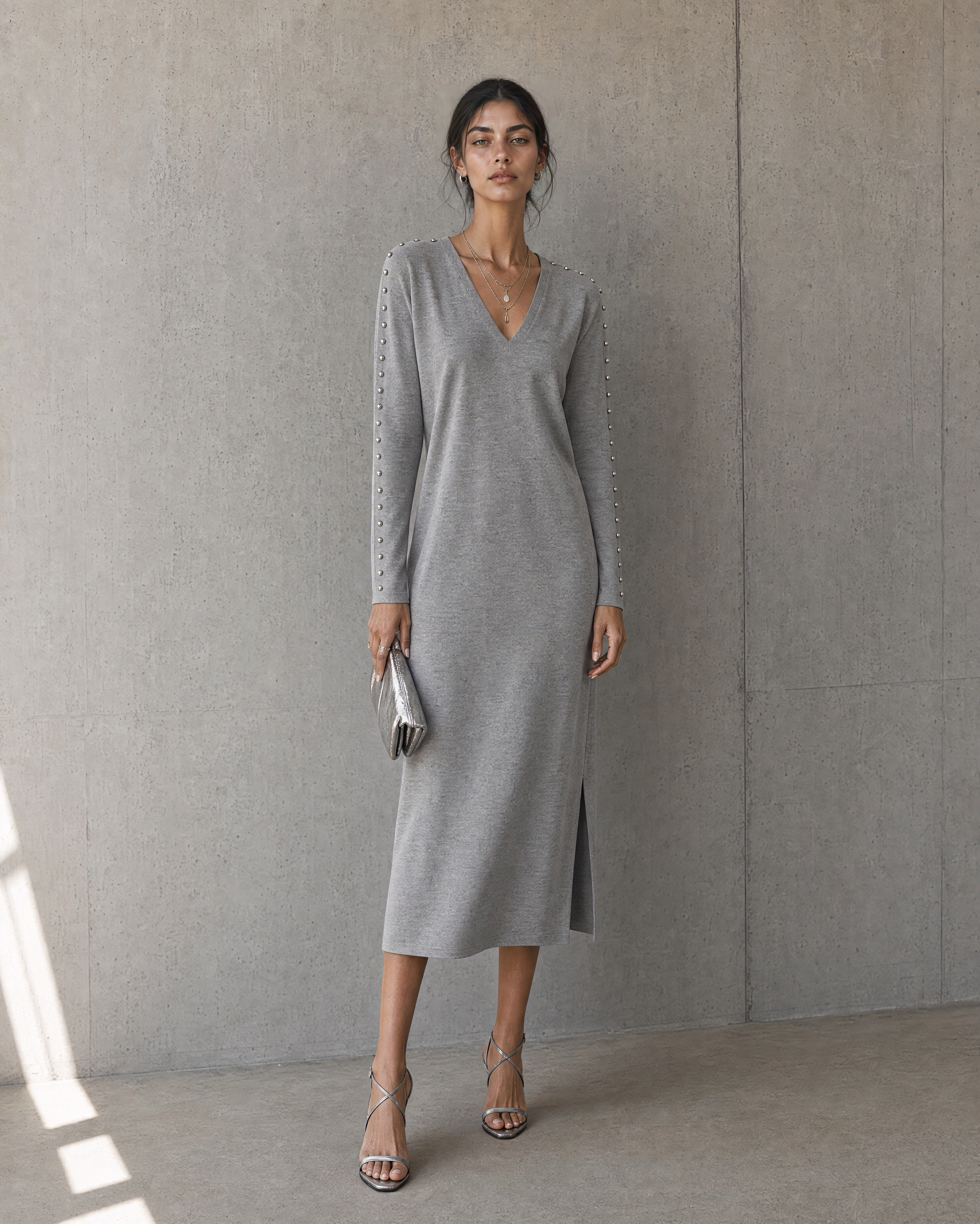 Boho V Neck Pearl Sleeve Split Knit Midi Dress Grey Slim Elegant Work Dress MVA000820AA