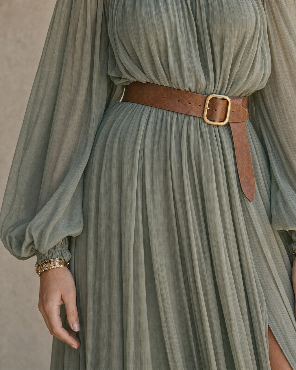Boho Sage Green Off Shoulder Balloon Long Sleeve Belted Slit Train Maxi Dress MVA000900AA