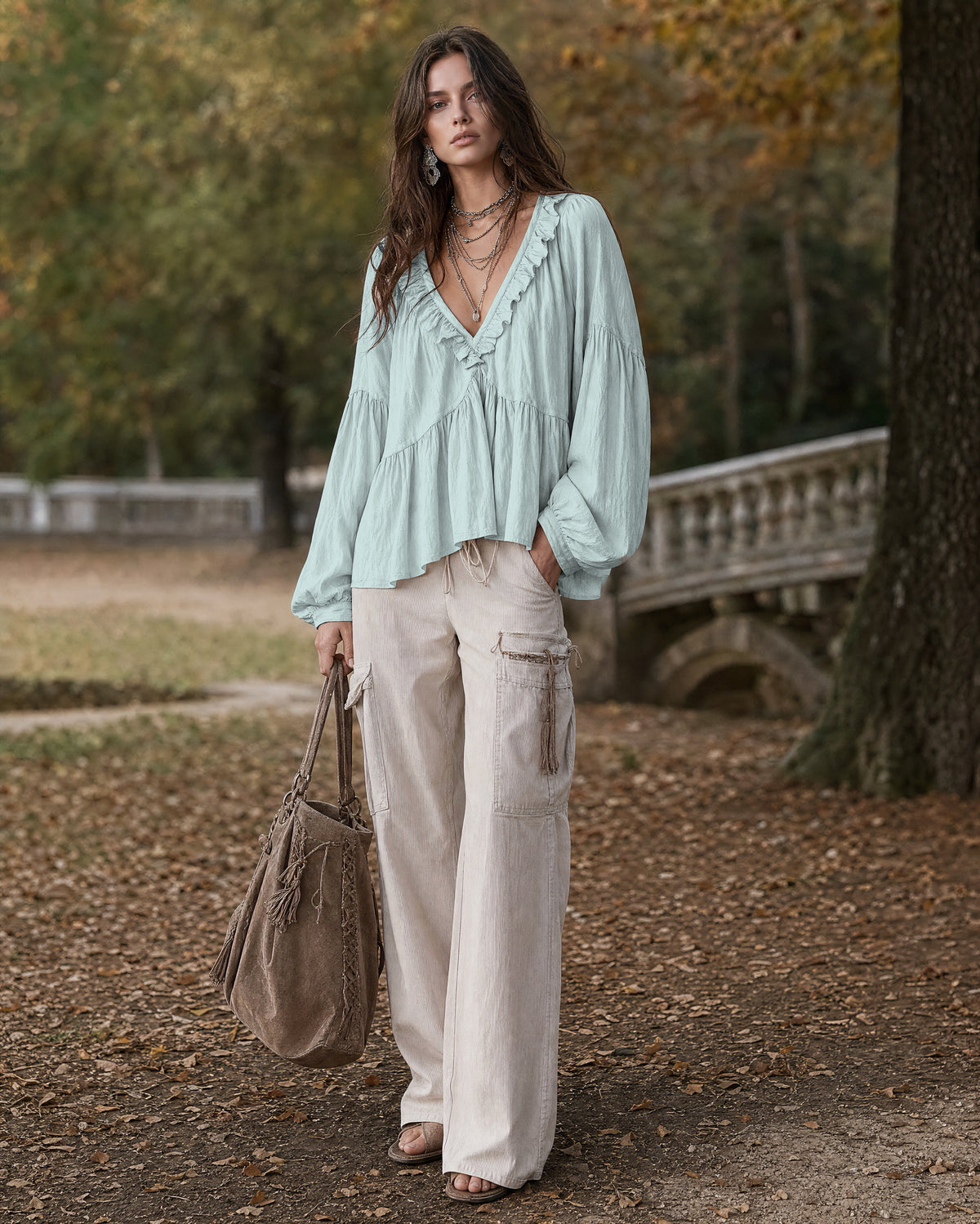 Boho Cream Woven Ruffle-trim V-neck Long-sleeve Blouse MVA000920AA