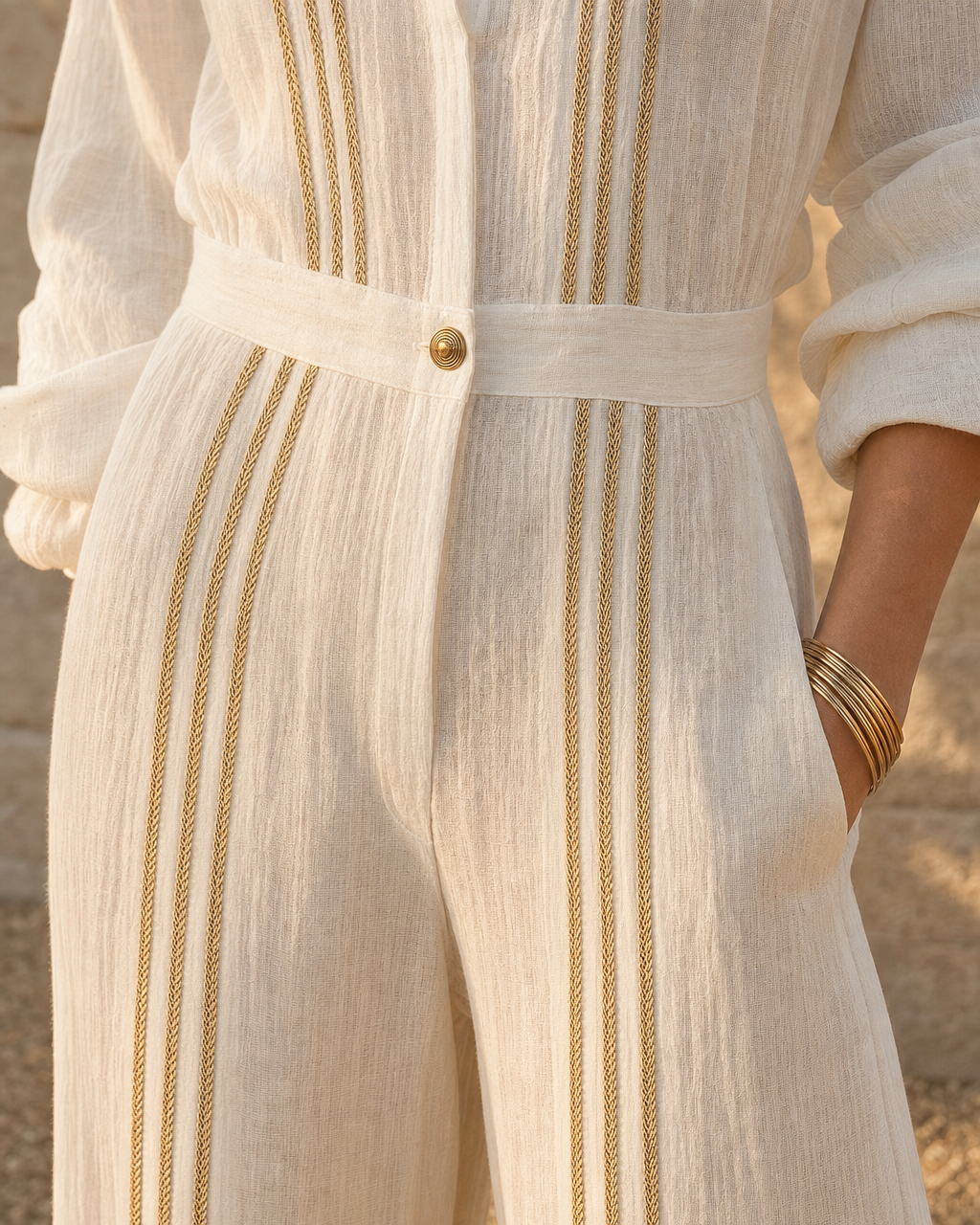 Casual Ivory Cotton-linen Shirt-collar Long-sleeve Gold-trim Wide-leg Jumpsuit MVA001060AA