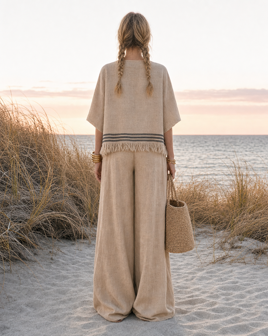 Casual Sand Beige Linen-blend Round-neck Short-sleeve Fringe-hem Top And Wide-leg Pants Two-piece Set MVA001080AA