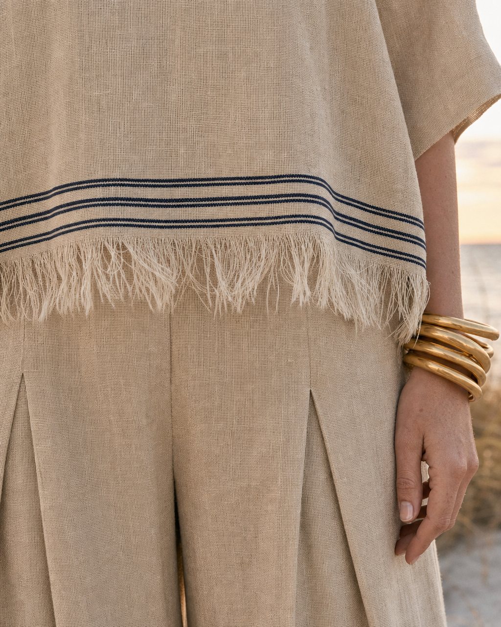 Casual Sand Beige Linen-blend Round-neck Short-sleeve Fringe-hem Top And Wide-leg Pants Two-piece Set MVA001080AA