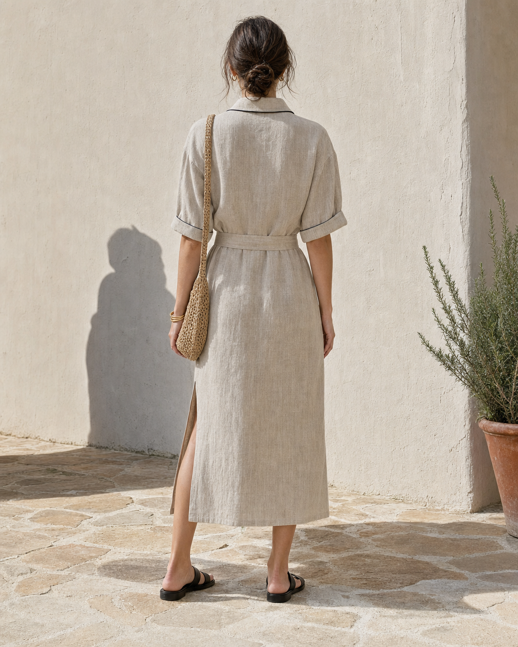 Casual Beige Linen Shirt-collar Short-sleeve Contrast-piping Belted Midi Shirt Dress MVA001130AA