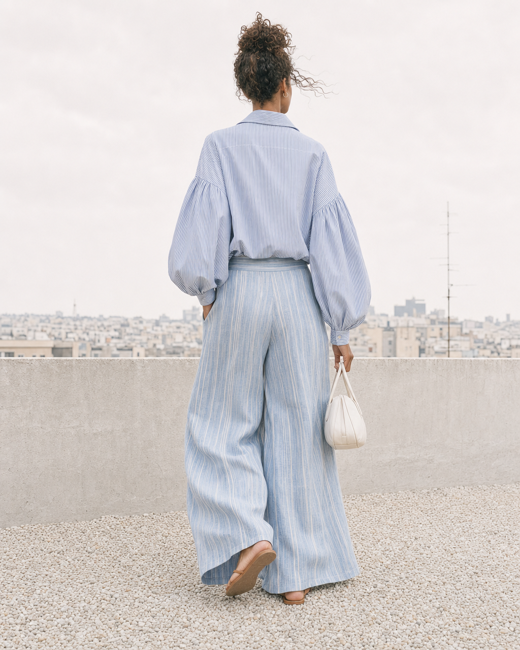 Casual Blue Striped Woven Shirt-collar Balloon-sleeve Blouse Paired With Wide-leg Pants MVA001150AA