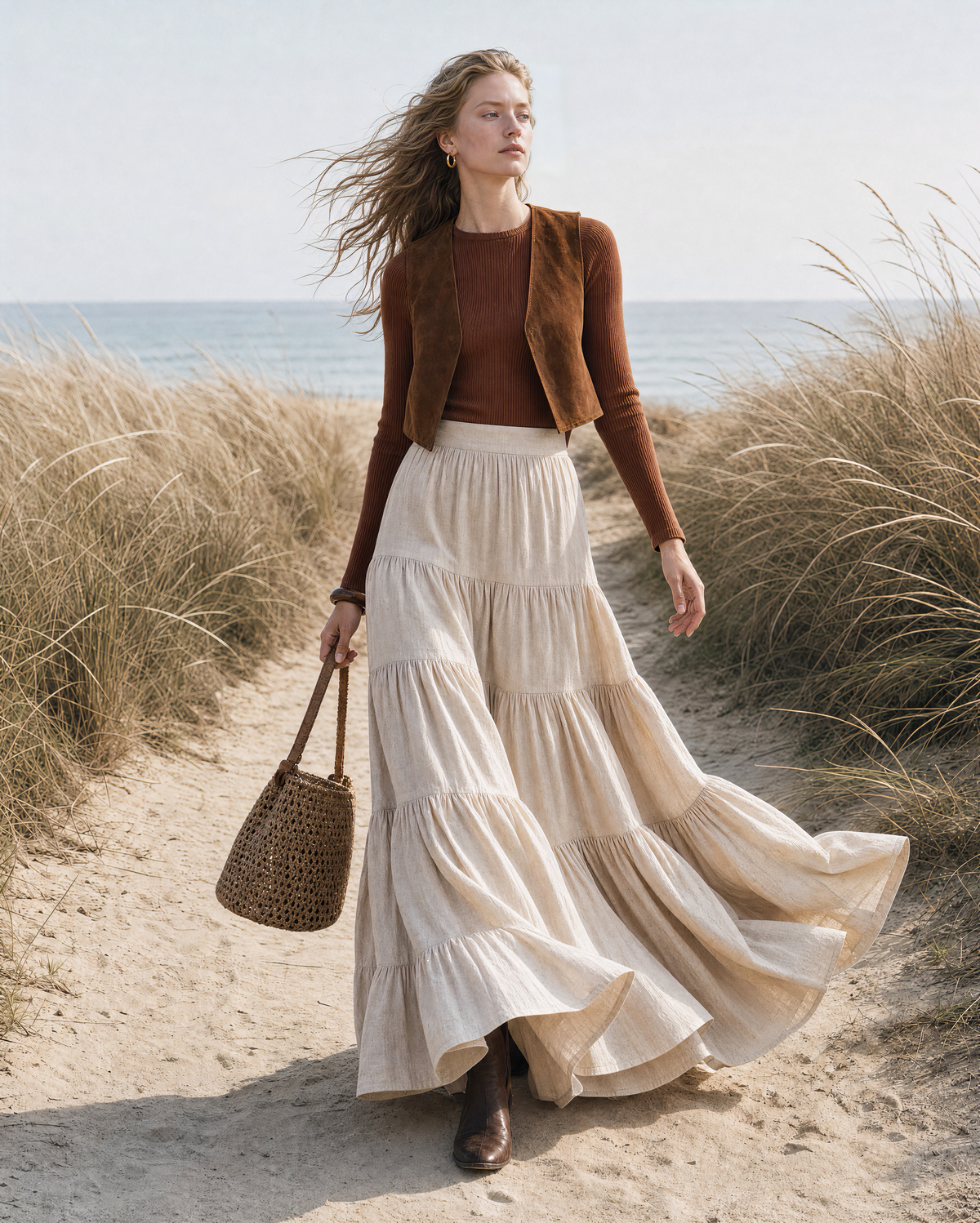 Bohemian Beige Linen-Blend High-Waist Tiered Maxi Skirt MVA001180AA