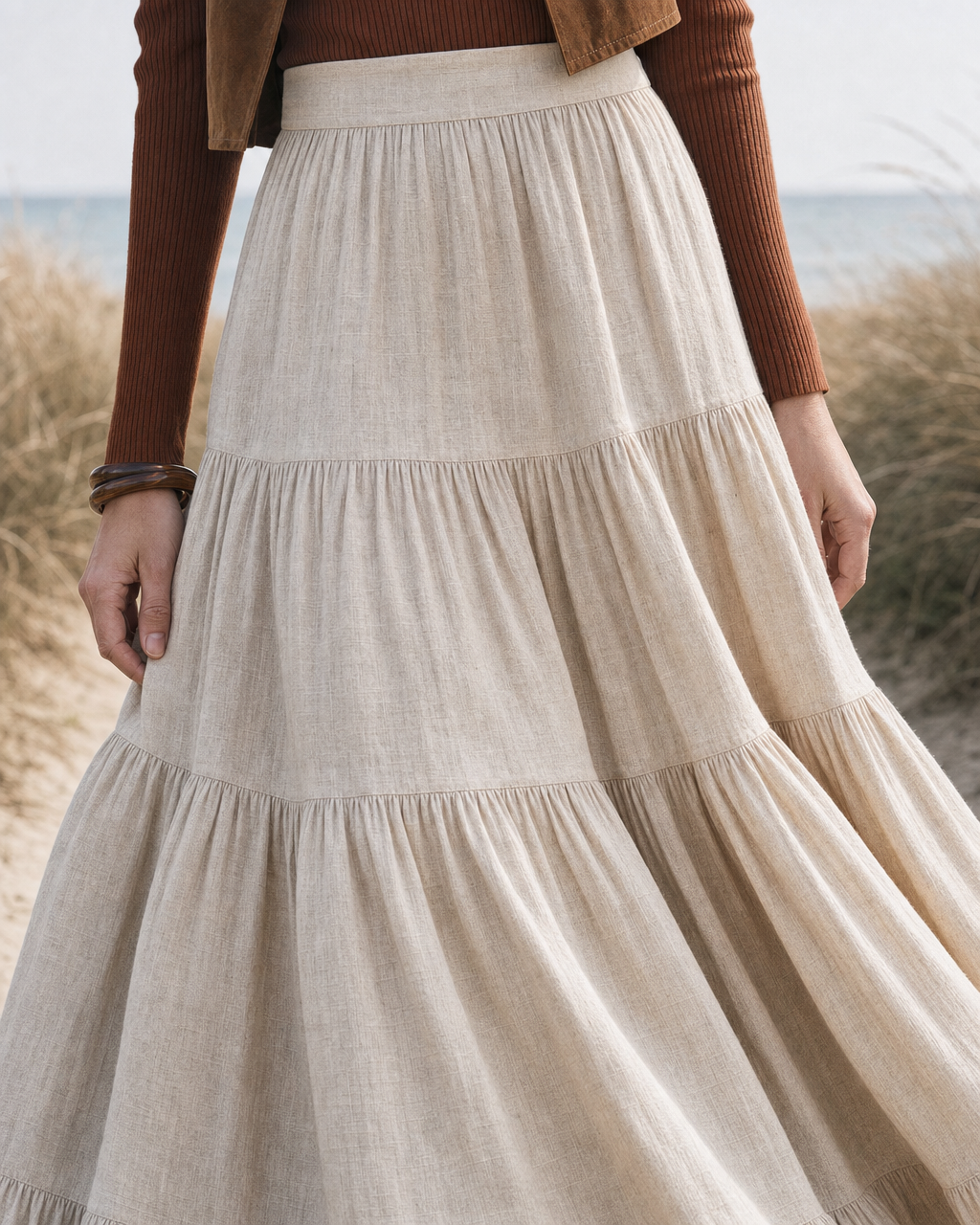 Bohemian Beige Linen-Blend High-Waist Tiered Maxi Skirt MVA001180AA