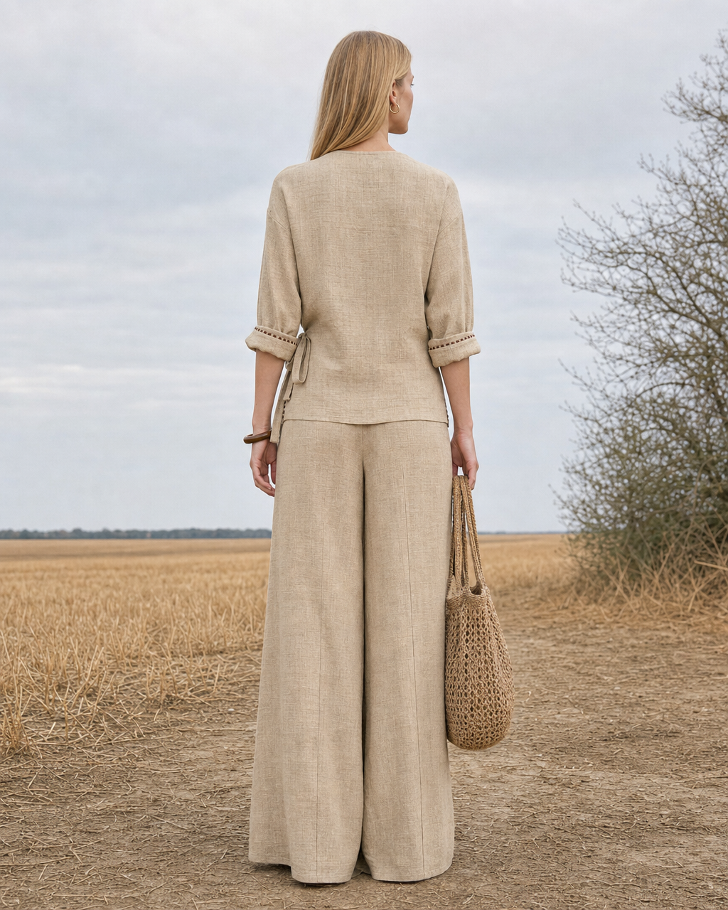 Bohemian Beige Linen-Blend Wrap V-Neck Three-Quarter Sleeve Top And Wide-Leg Pants Set MVA001200AA