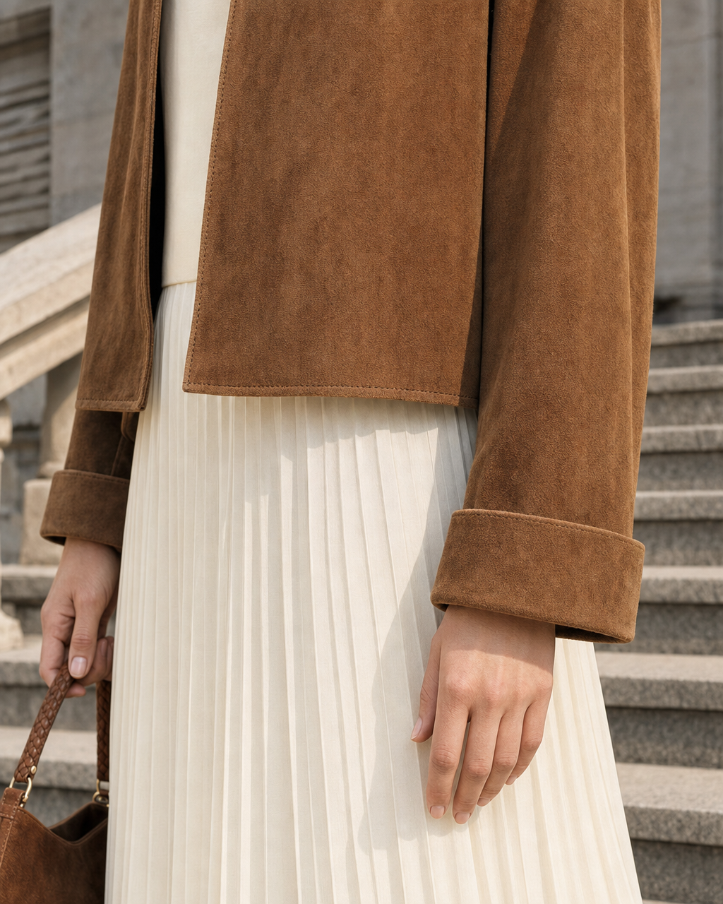 Casual Tan Suede-Effect Woven Lapel Long-sleeve Cropped Jacket MVA001310AA