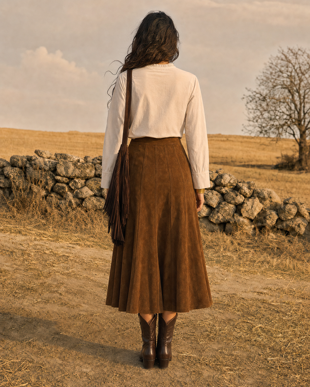 Bohemian Western Ivory And Brown Suede-Effect Stand-Collar Long-sleeve Blouse And Panelled Midi Skirt Set MVA001360AA