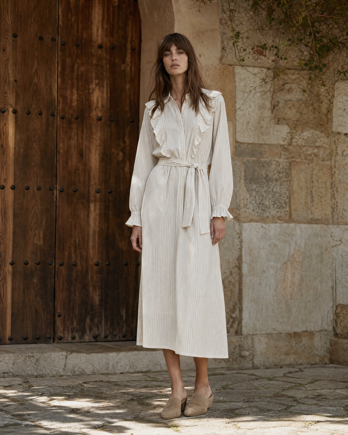 Bohemian Ivory Striped Woven Shirt-Collar Long-sleeve Midi Dress MVA001370AA