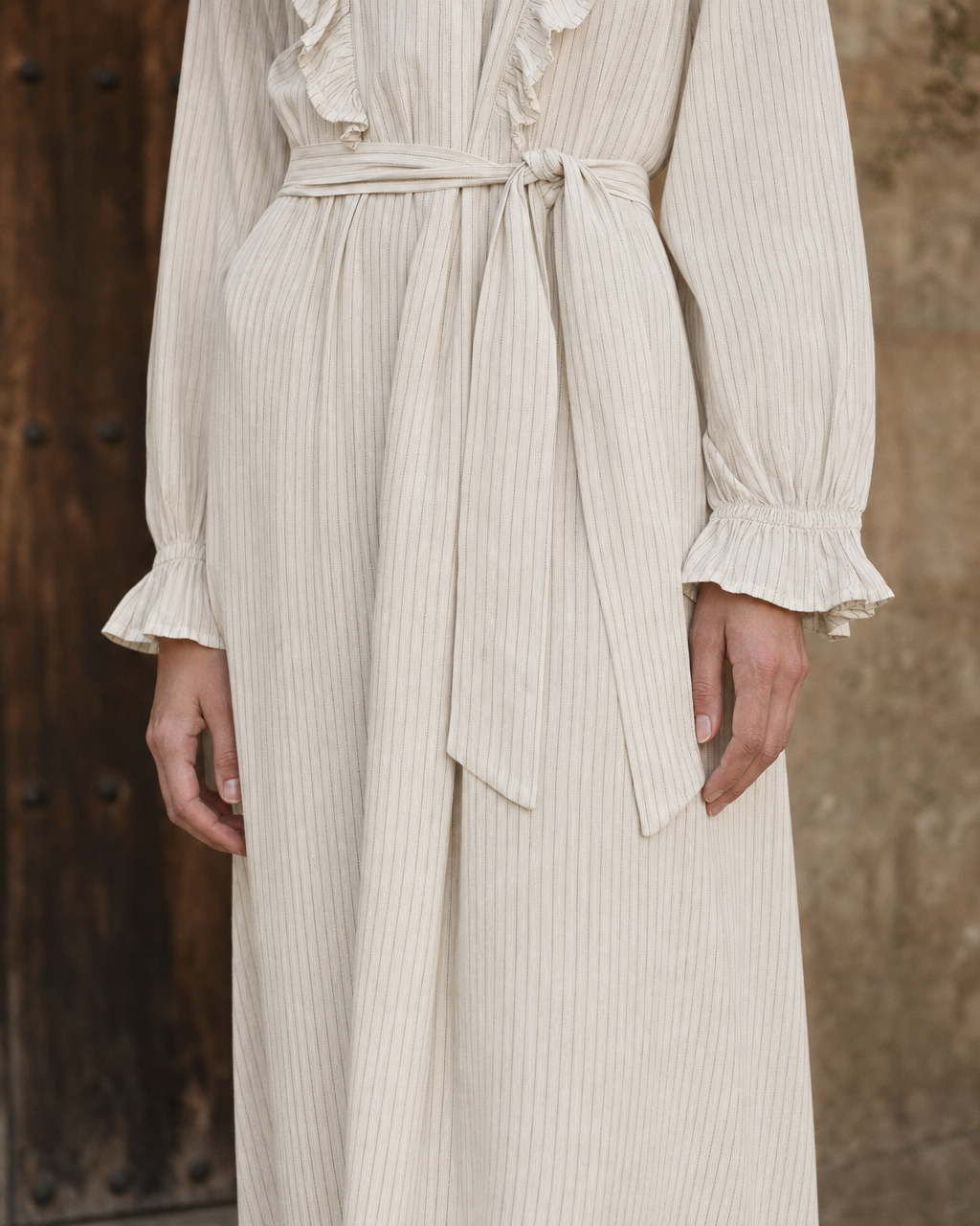 Bohemian Ivory Striped Woven Shirt-Collar Long-sleeve Midi Dress MVA001370AA