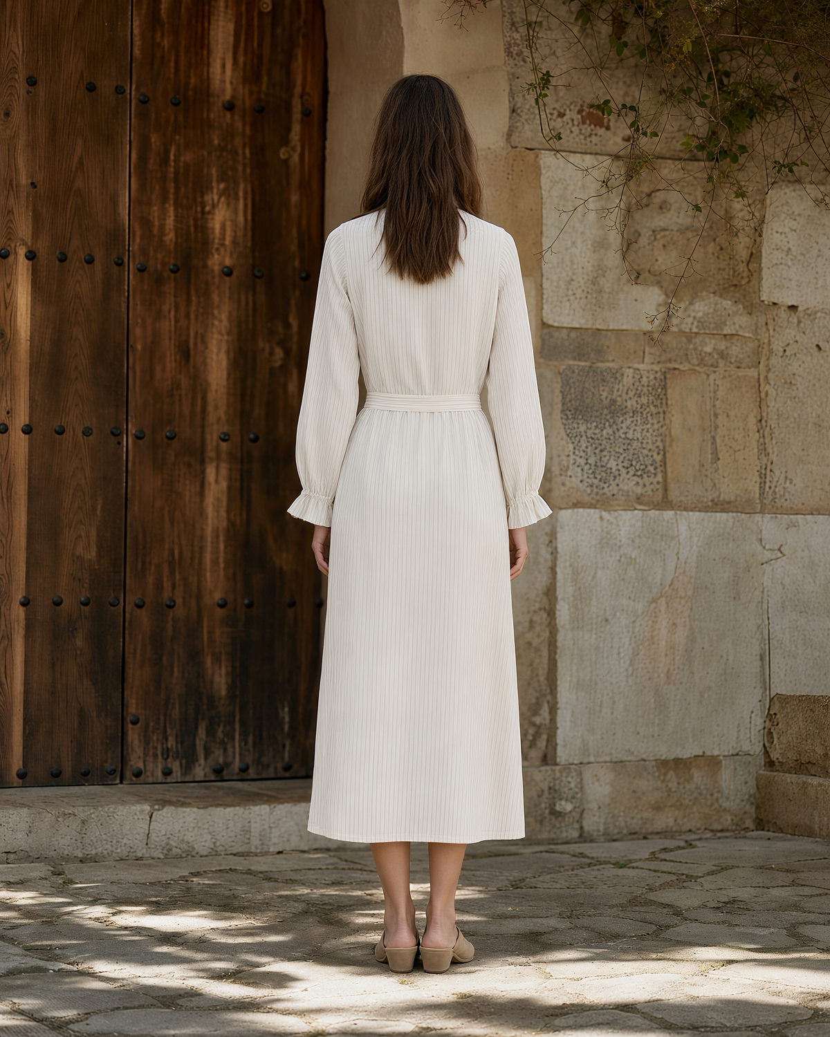 Bohemian Ivory Striped Woven Shirt-Collar Long-sleeve Midi Dress MVA001370AA
