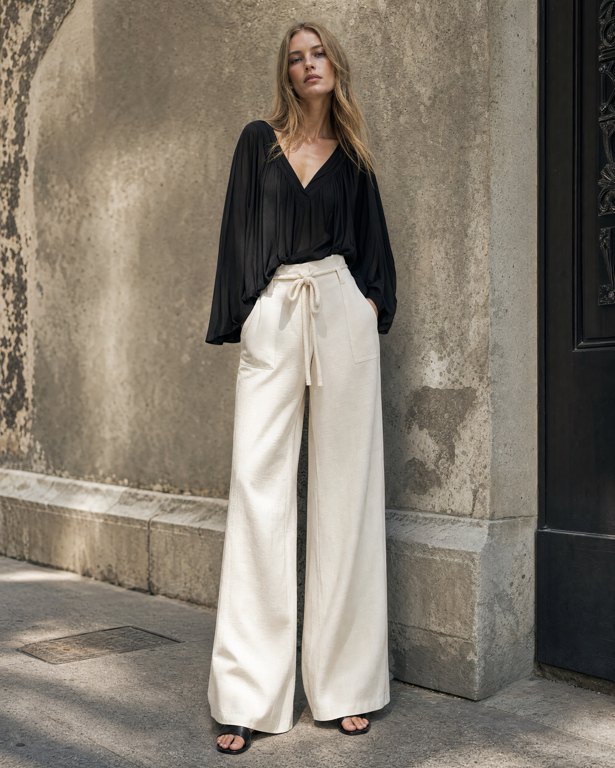 Casual Cream Woven Wide-leg Trousers MVA001390AA