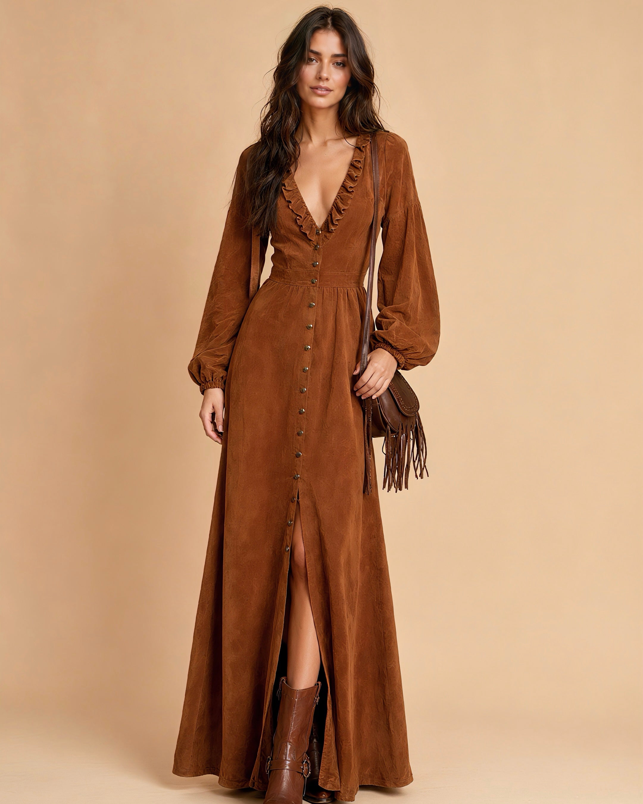 Boho Suede Ruffled V‑Neck Long Sleeve Single‑breasted Slit Maxi Dress MVA00010AA