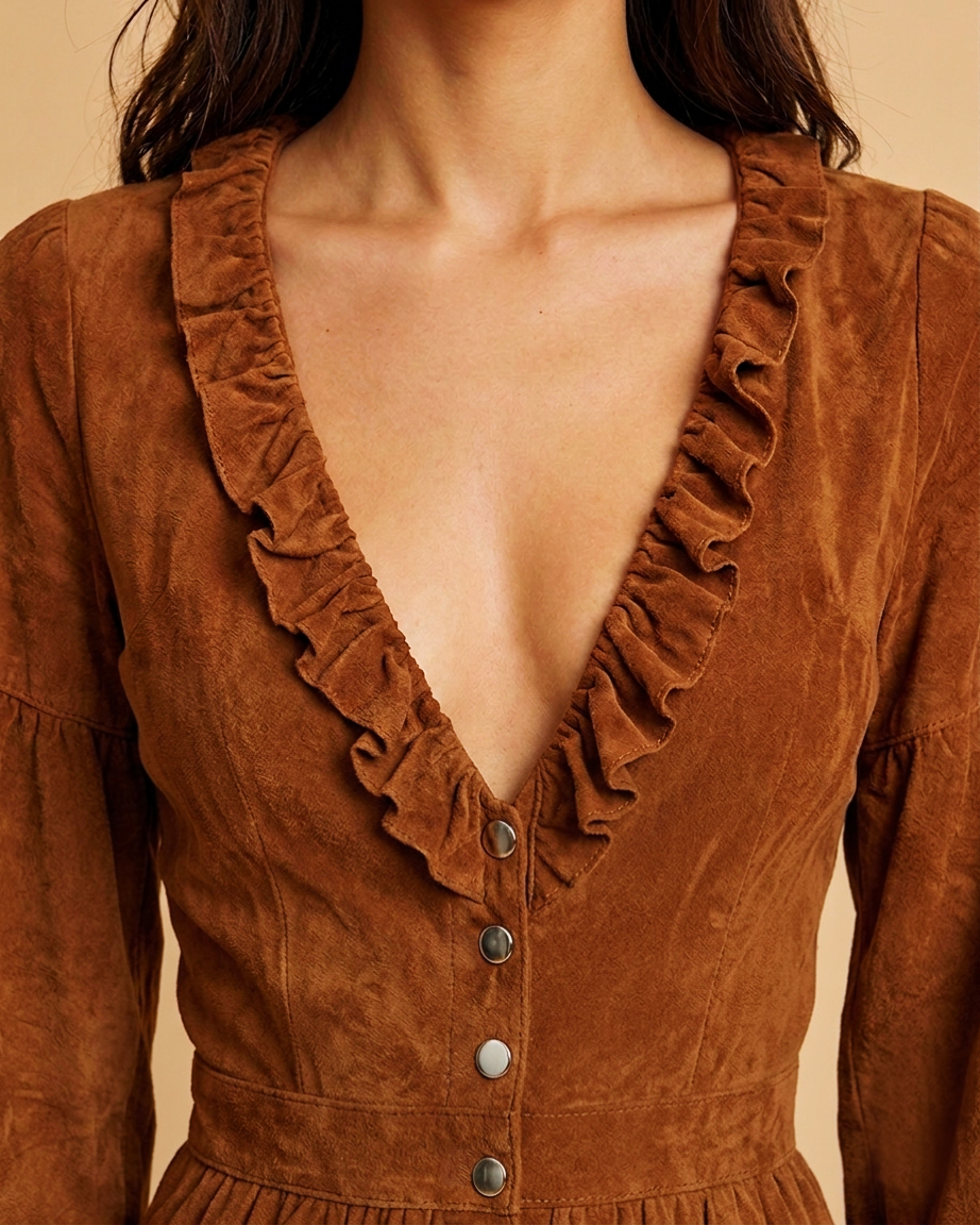 Boho Suede Ruffled V‑Neck Long Sleeve Single‑breasted Slit Maxi Dress MVA00010AA