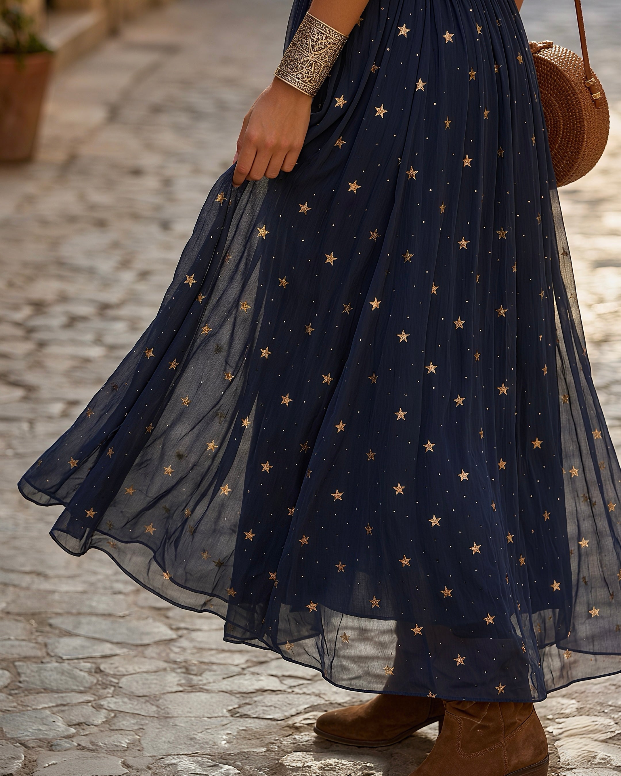 Boho Satin Ruffle V Cami & Star Print Chiffon Maxi Skirt Two Piece Set with Leather Belt MVA00030AA