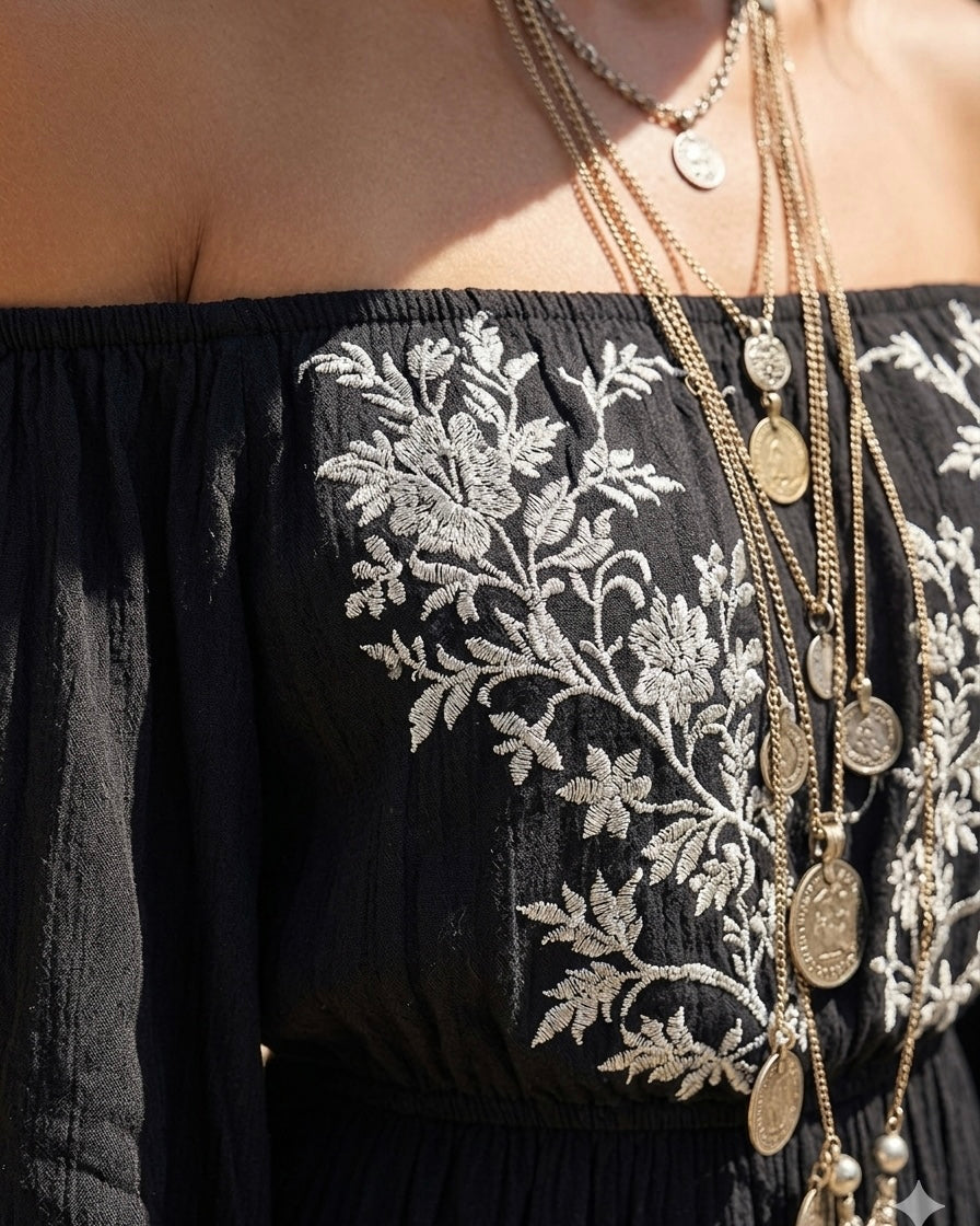 Boho Off‑Shoulder Floral Printed Long Puff Sleeve Elastic Waist Flowy Maxi Dress MVA00070AA