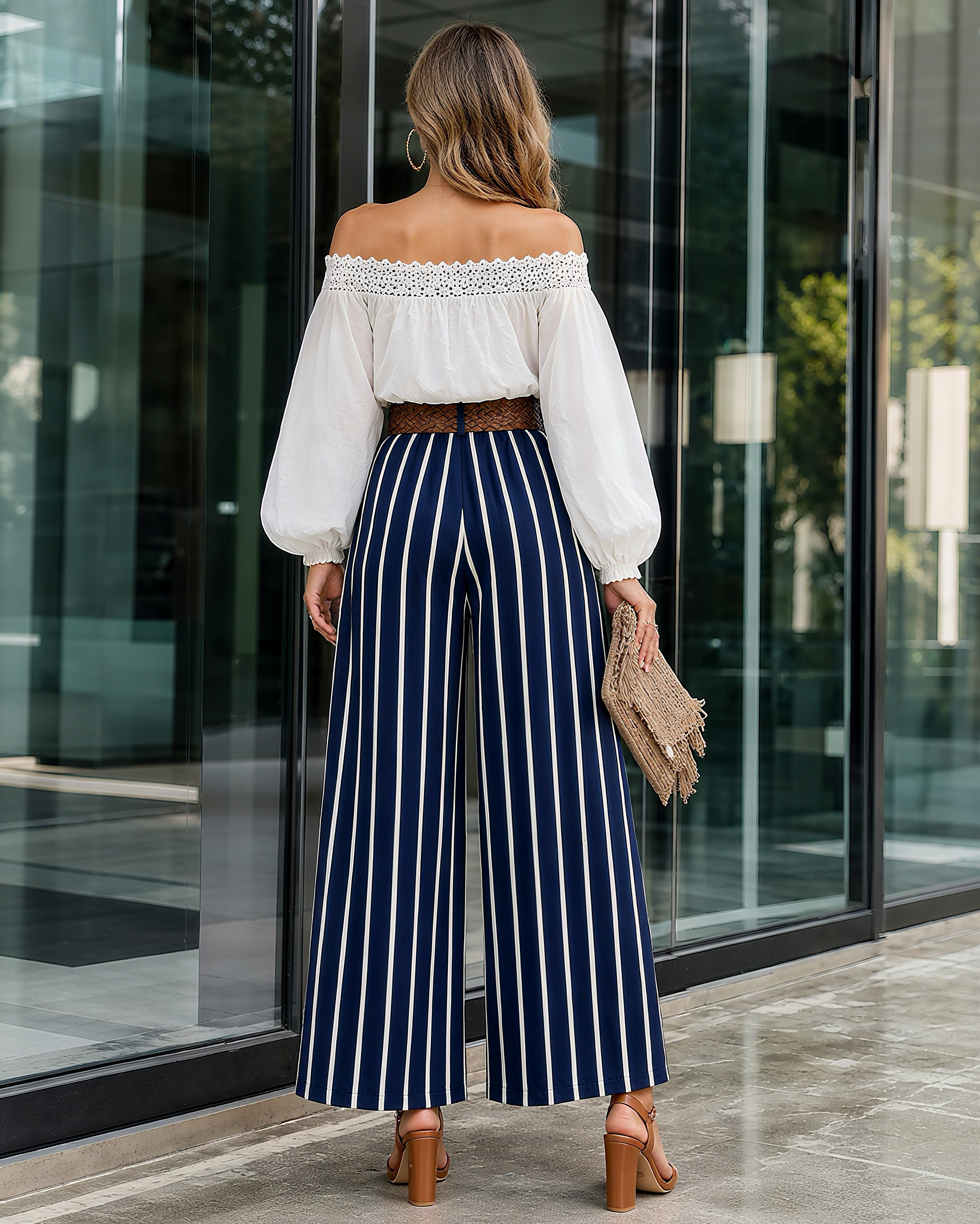 Boho Off Shoulder Eyelet Top & Navy Stripe High Waist Wide Leg Pants Matching Set MVA000110AA