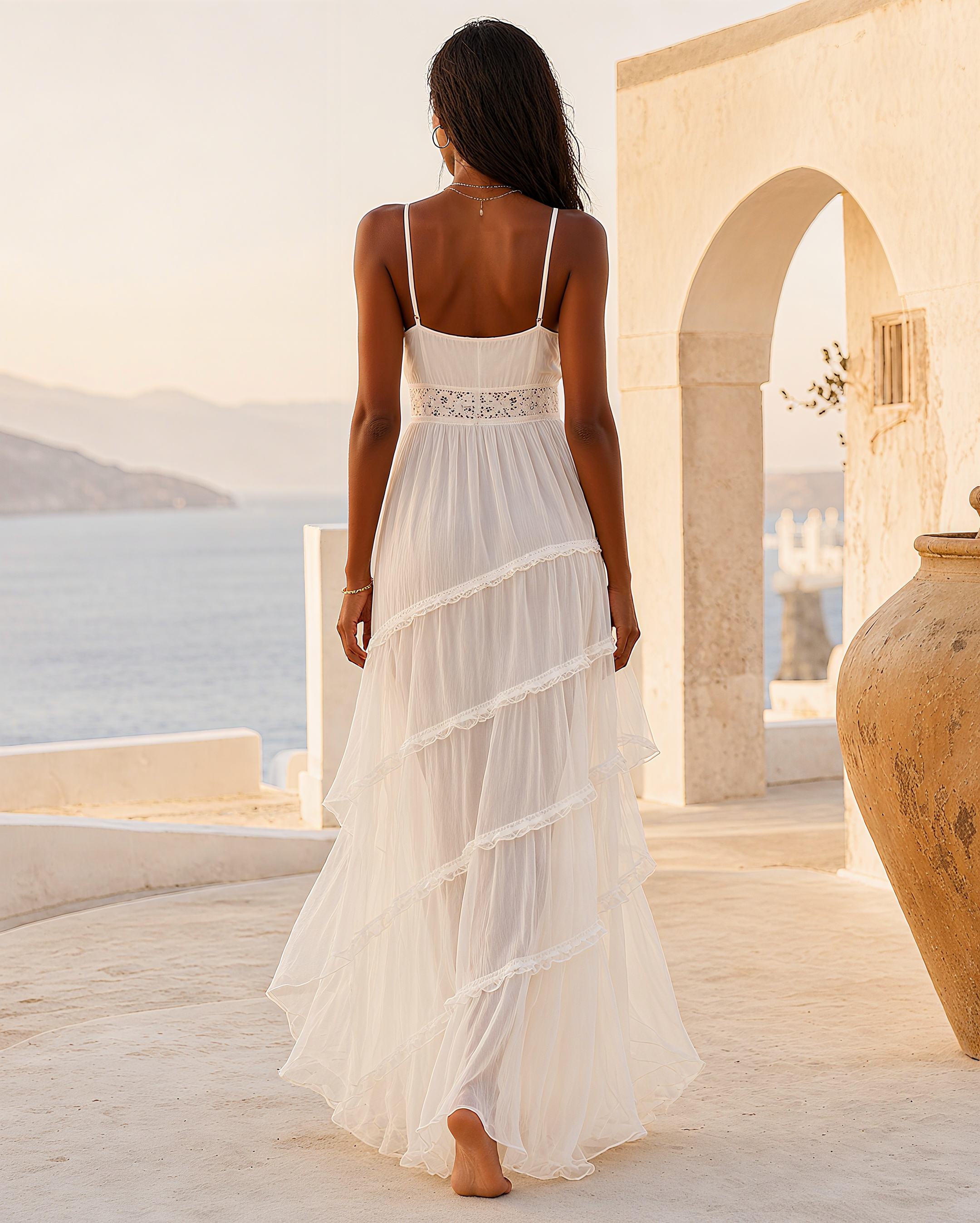 Boho Deep V Lace Waist Spaghetti Strap Tiered Ruffle Flowy Maxi Dress MVA000140AA