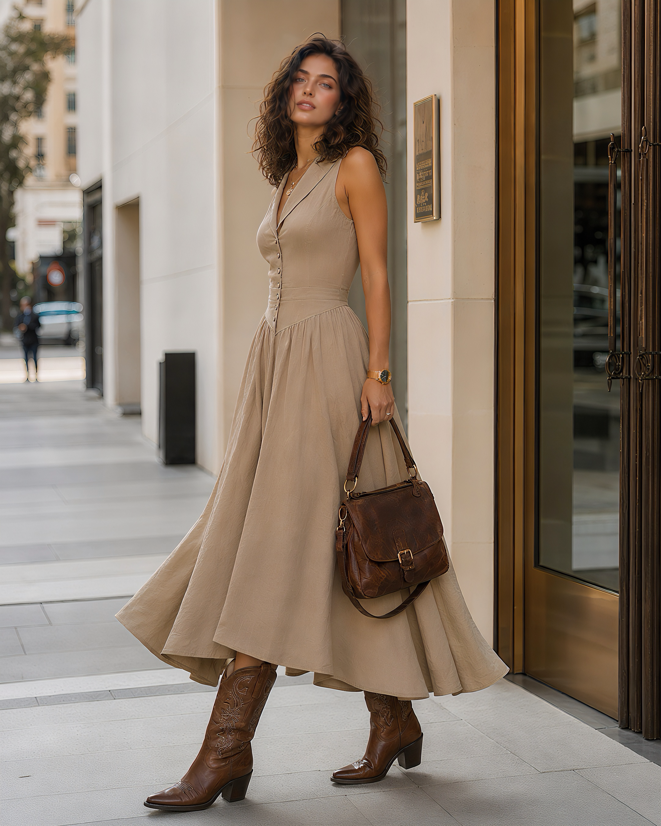 Vintage Lapel Sleeveless Button Down Linen Blend Midi Dress MVA000150AA