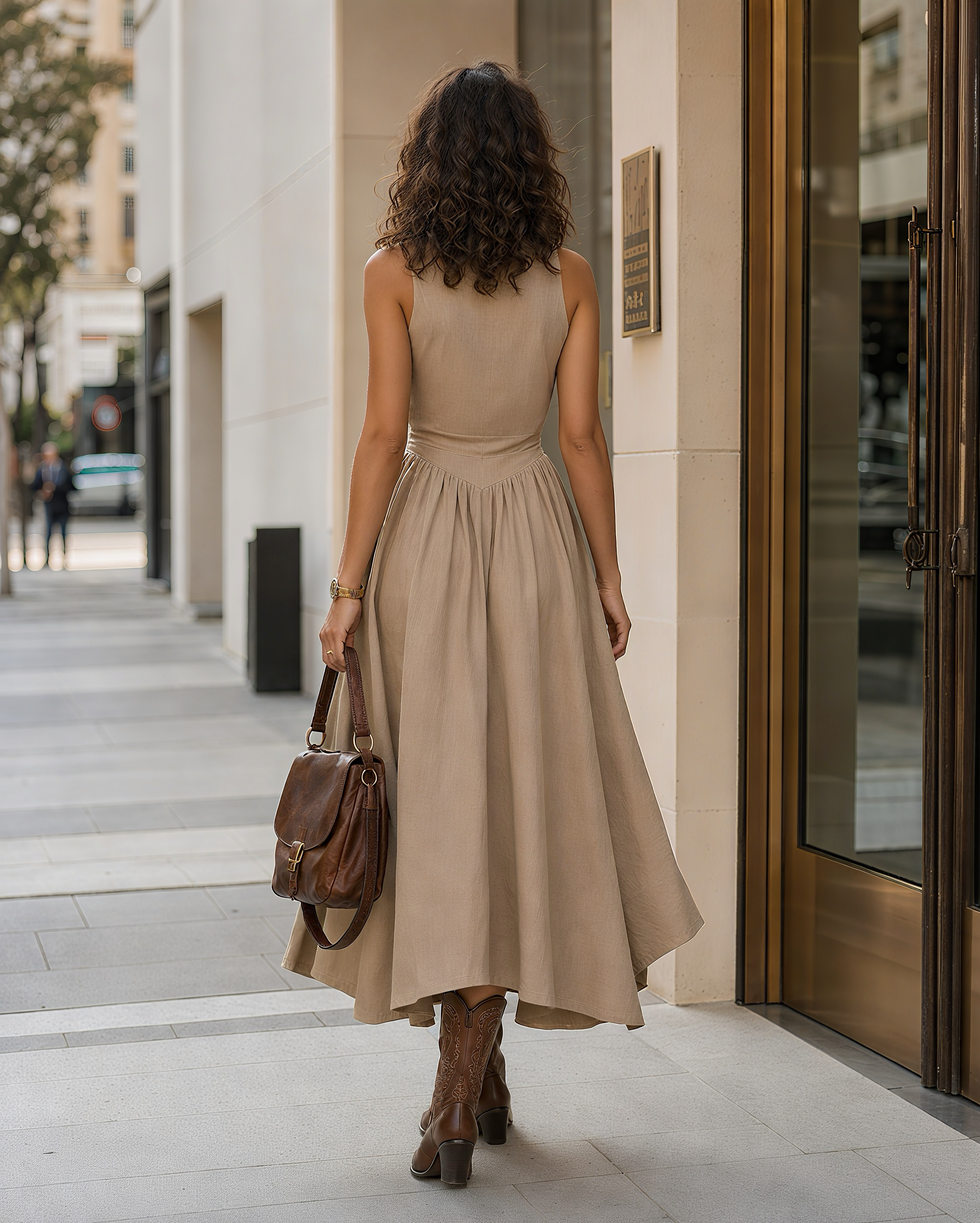 Vintage Lapel Sleeveless Button Down Linen Blend Midi Dress MVA000150AA