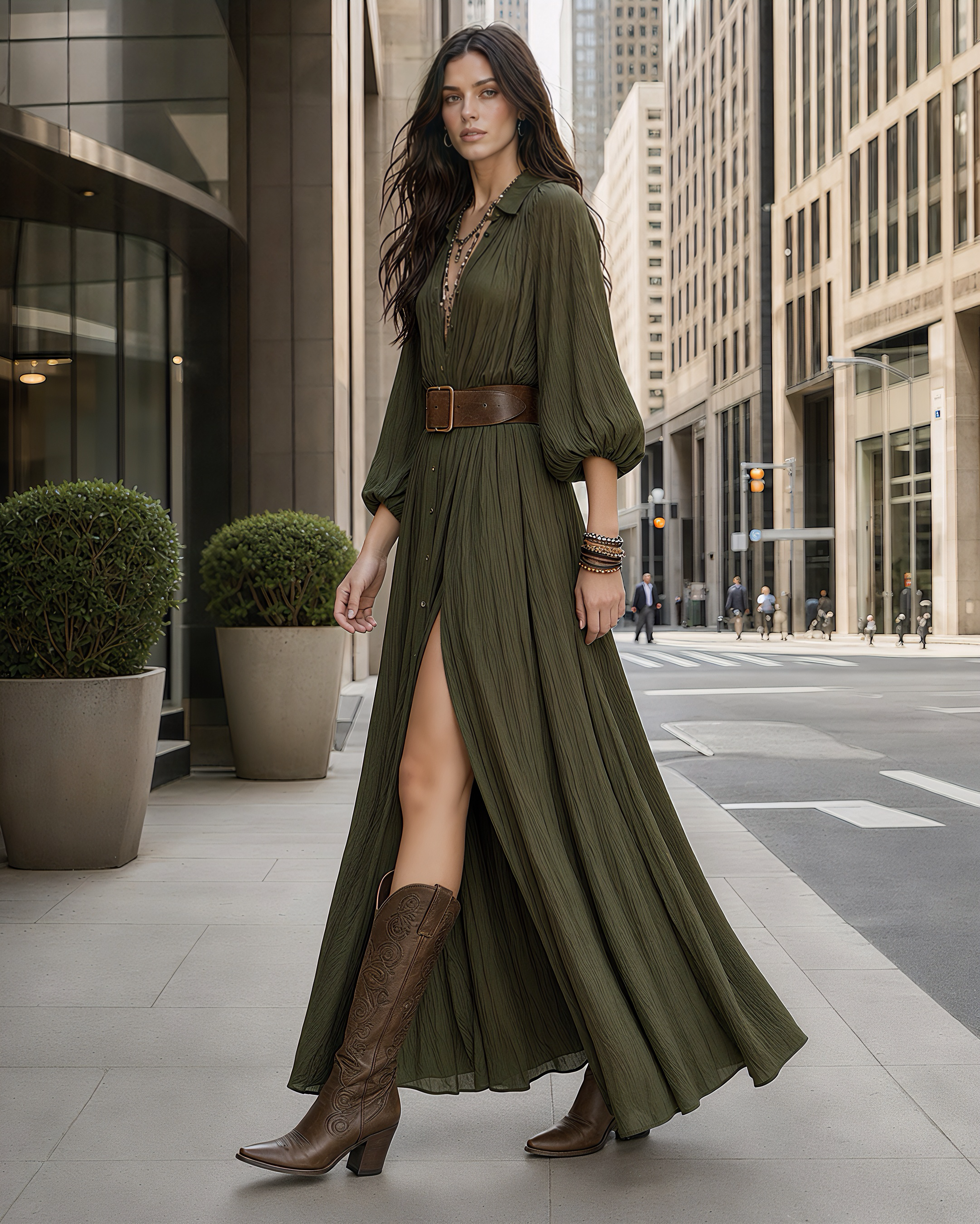 Urban Boho Pleated Shirt Maxi Dress with Wide Leather Belt, Split Thigh Long Dress MVA000200AA