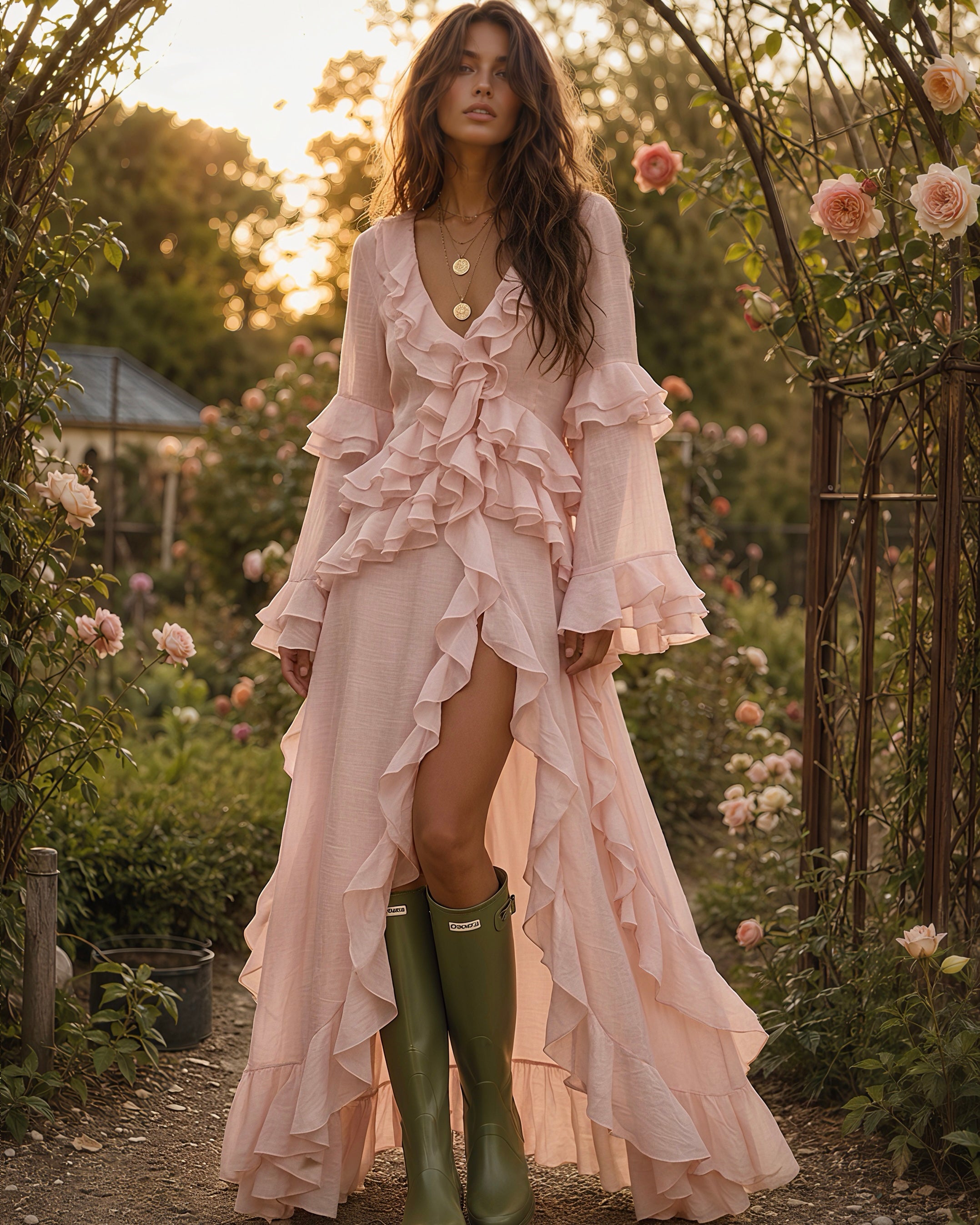 Boho Linen Ruffle V-Neck Bell Sleeve High Slit Maxi Dress MVA000230AA