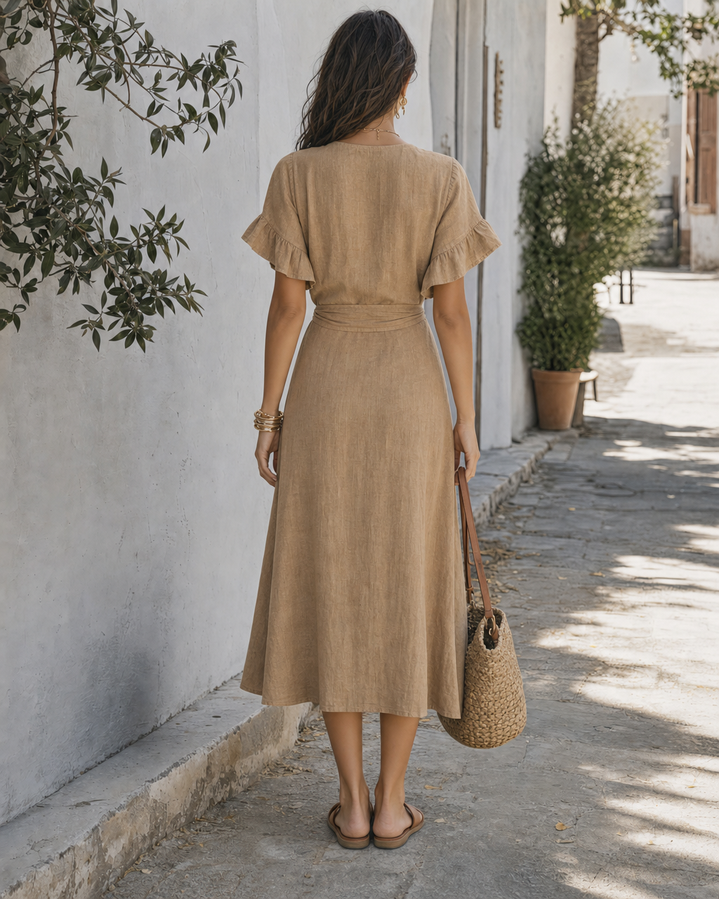 Boho Khaki Linen Wrap Midi Dress V Neck Ruffle Short Sleeve Self Tie Waist High Split Vacation Dress MVA000690AA