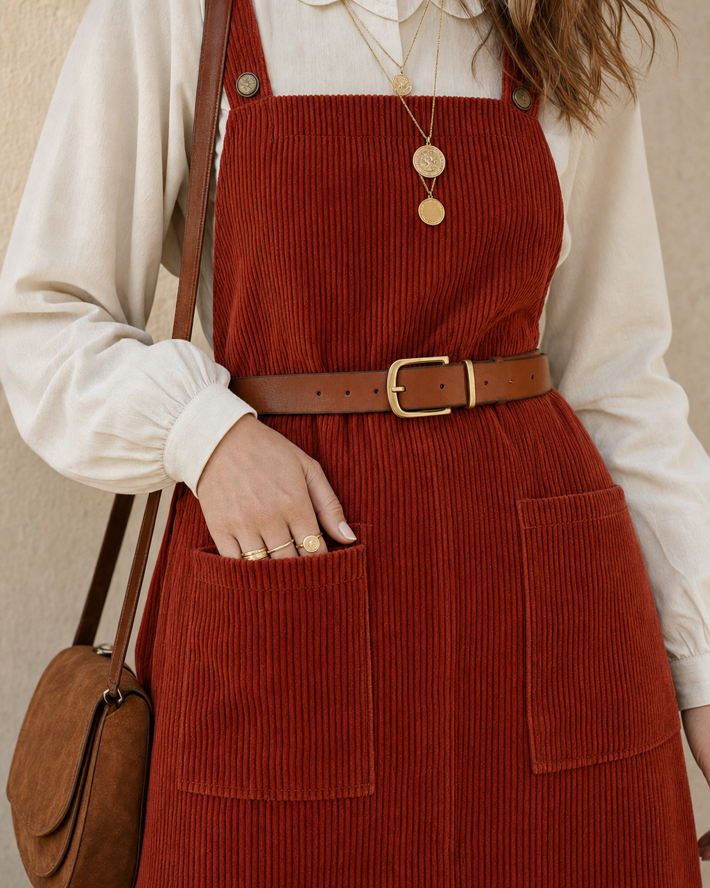 Casual Rust Corduroy Pinafore Midi Dress Paired With A Cream Collared Blouse Two-piece Set MVA000660AA