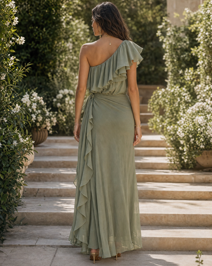 Boho Sage Green One Shoulder Ruffle Wrap Maxi Dress Side Slit Tie Waist Vacation Dress MVA000630AA