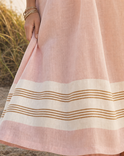 Casual Pink Linen-blend Off-shoulder Ruffle Striped-hem Maxi Dress MVA001000AA