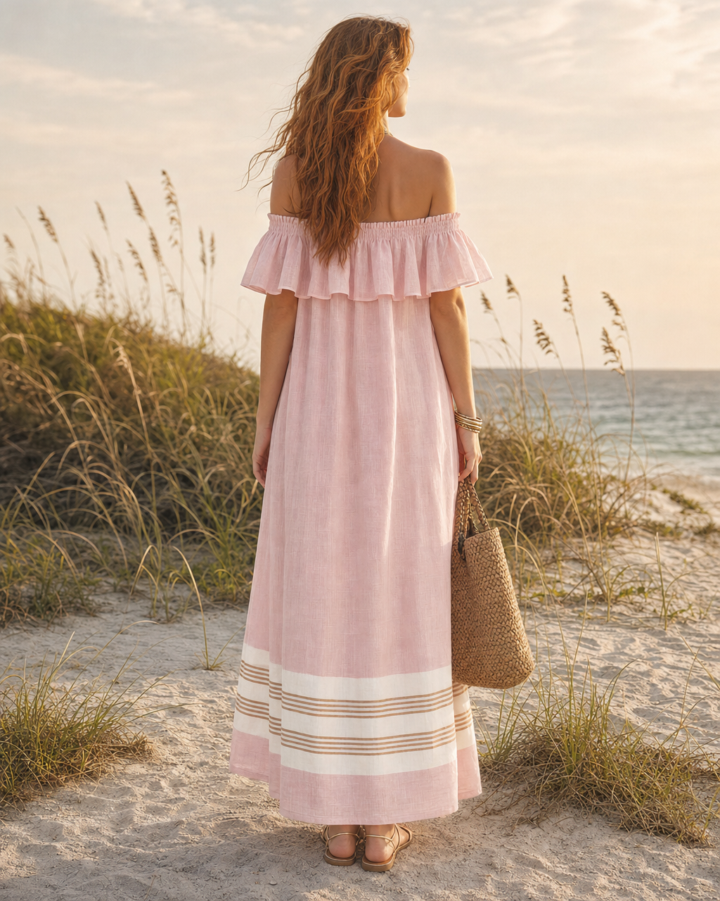 Casual Pink Linen-blend Off-shoulder Ruffle Striped-hem Maxi Dress MVA001000AA