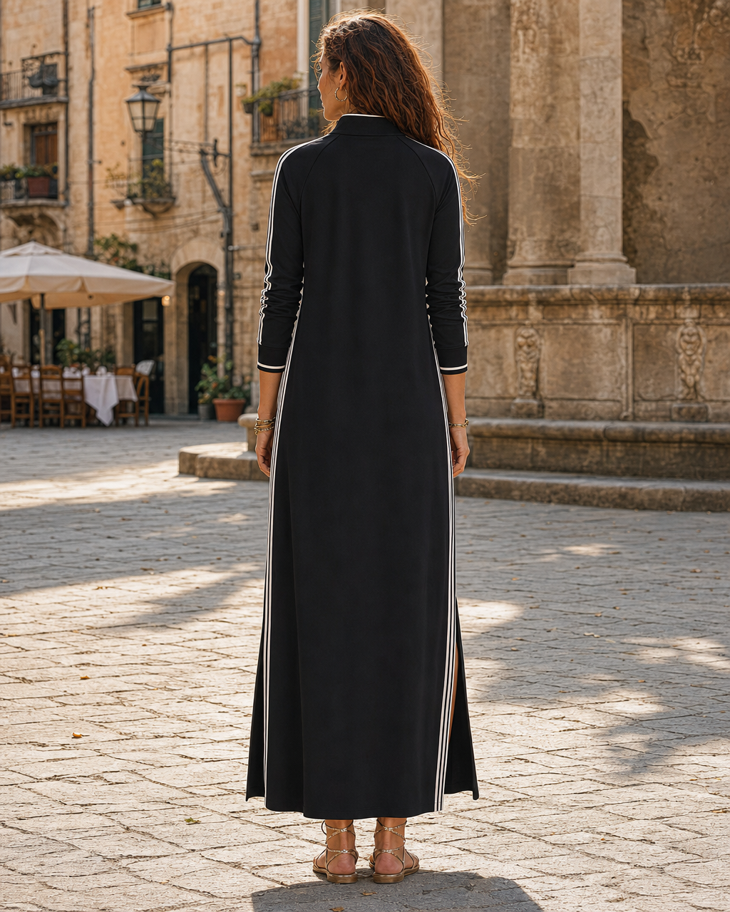 Casual Black Knit Stand-collar Long-sleeve Side-stripe Maxi Dress MVA001010AA