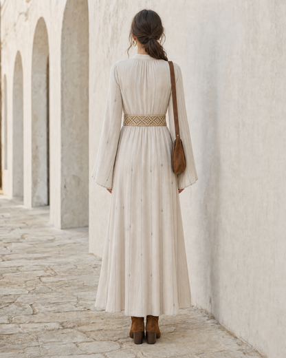 Bohemian Ivory Woven Stand-Collar Long-sleeve Maxi Dress MVA001320AA