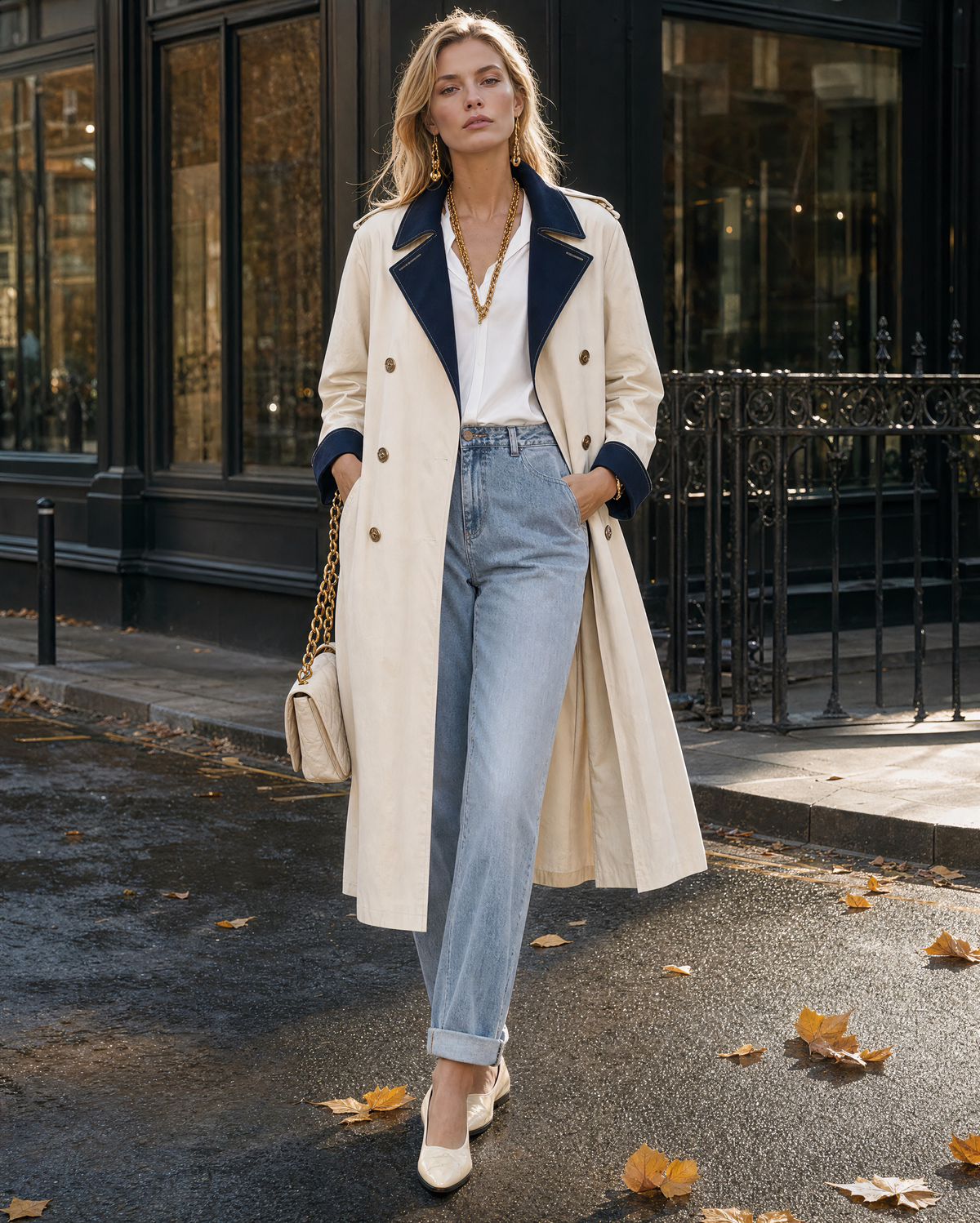 Casual Cream And Navy Colorblock Double-breasted Long Coat MVA001340AA