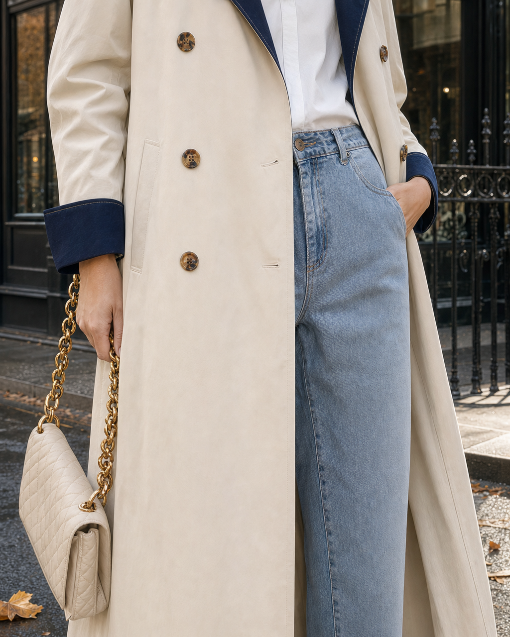 Casual Cream And Navy Colorblock Double-breasted Long Coat MVA001340AA