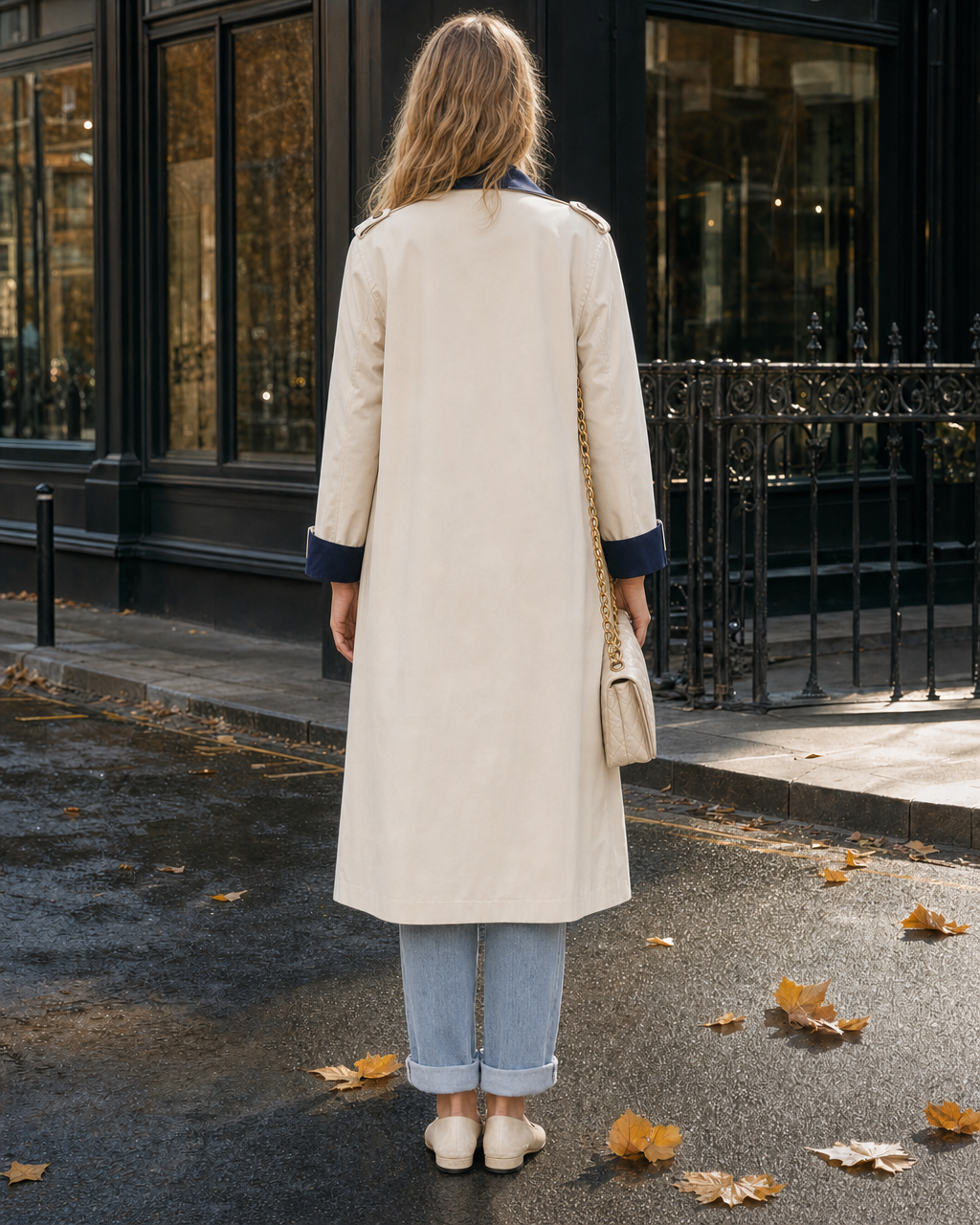 Casual Cream And Navy Colorblock Double-breasted Long Coat MVA001340AA