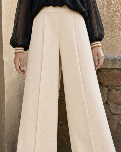 Bohemian Black And Cream Chiffon Off-shoulder Long-sleeve Blouse And Wide-leg Trousers Set MVA001400AA