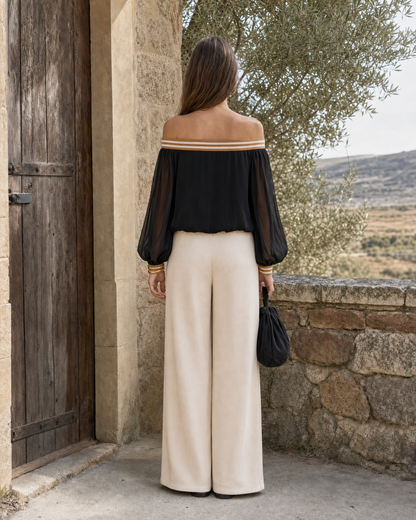 Bohemian Black And Cream Chiffon Off-shoulder Long-sleeve Blouse And Wide-leg Trousers Set MVA001400AA