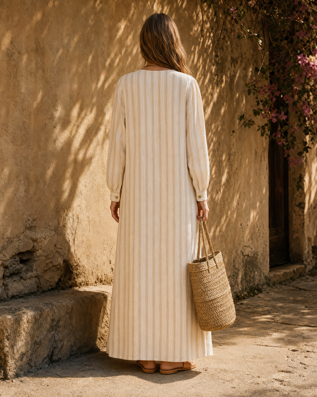 Bohemian Cream Striped Cotton-linen Split V-neck Long-sleeve Button-Front Maxi Shirt Dress MVA001410AA